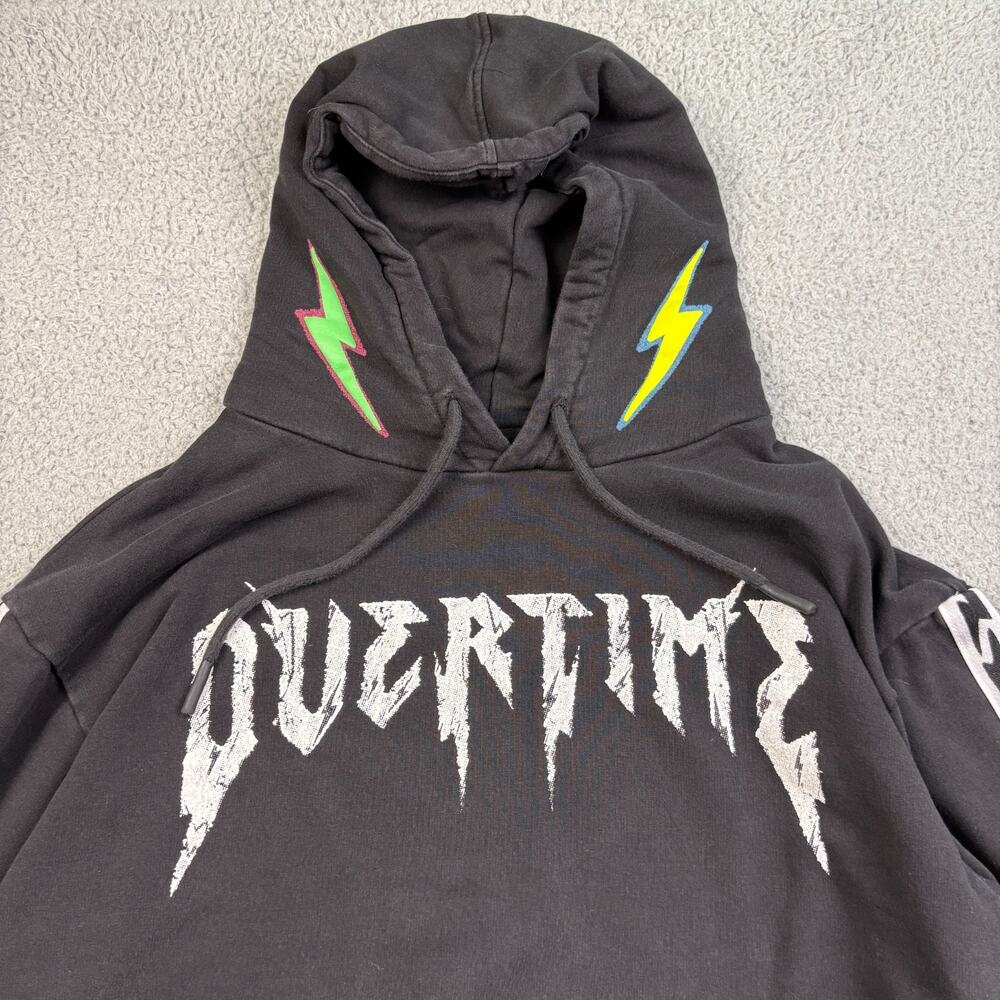 Overtime Hoodie Mens Medium Black Hooded Pullover Bolt Sweatshirt Drawstring - Picture 3 of 15